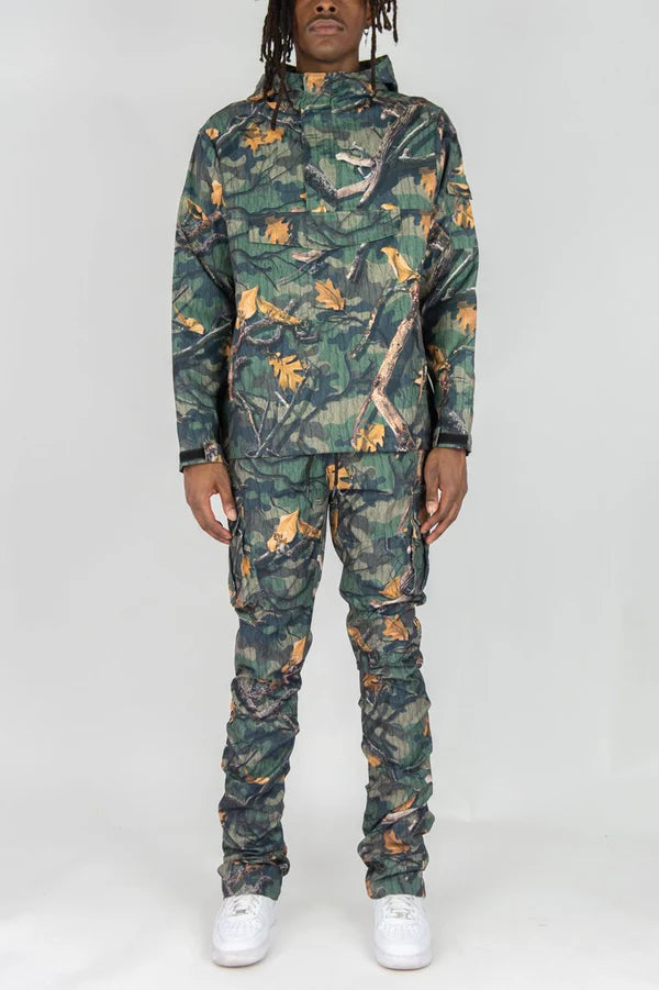 Rebel Minds - Camo Nylon Anorak & Stacked Cargo Pants Set - Wood Camo