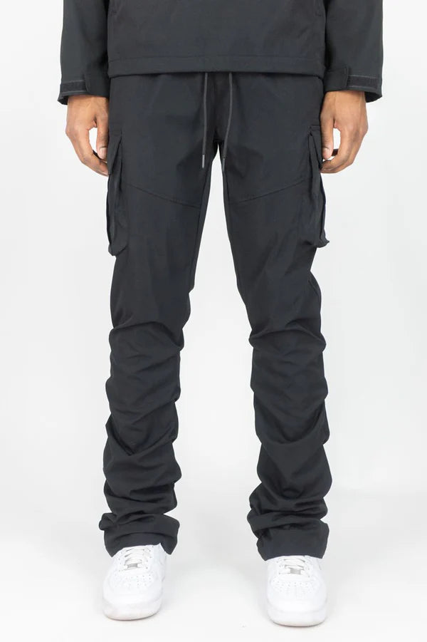 Rebel Minds - Solid Nylon Anorak & Stacked Cargo Pants Set - Black