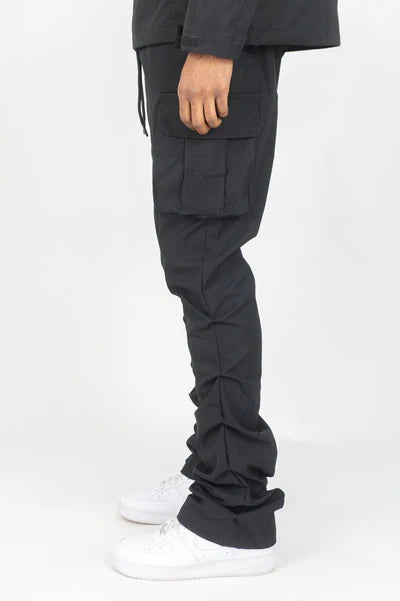 Rebel Minds - Solid Nylon Anorak & Stacked Cargo Pants Set - Black