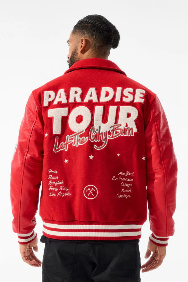 Jordan Craig Paradise Tour Varsity Jacket (Red) – Action Wear Jordan Craig Paradise Tour Varsity Jacket (Red) – Action Wear