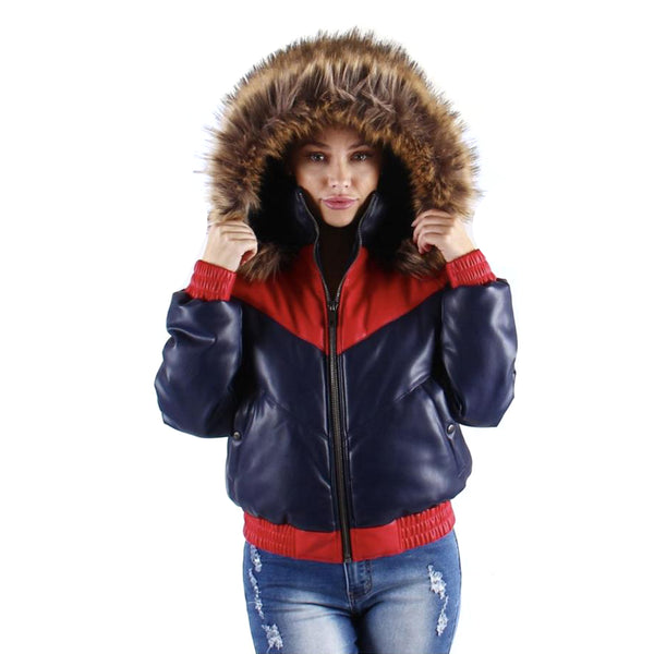Women Faux Leather V Bomber Jacket with Detachable Faux Fur Hood - WJK922 - Action Wear