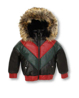 Kids Faux Leather V Bomber Jacket with Detachable Faux Fur Hood - JK922KT - Action Wear
