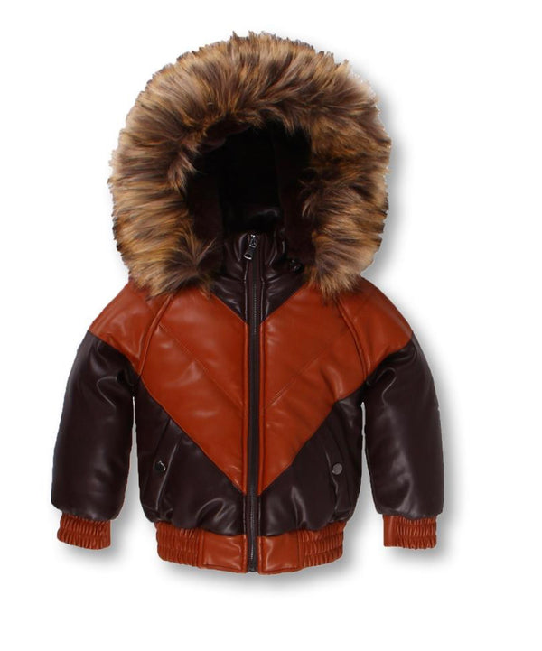 Kids Faux Leather V Bomber Jacket with Detachable Faux Fur Hood - JK922KT - Action Wear