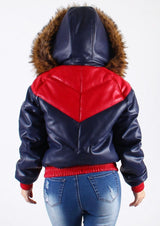 Women Faux Leather V Bomber Jacket with Detachable Faux Fur Hood - WJK922 - Action Wear