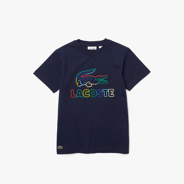 Lacoste Kids' Crew Neck Print Cotton T-Shirt Navy