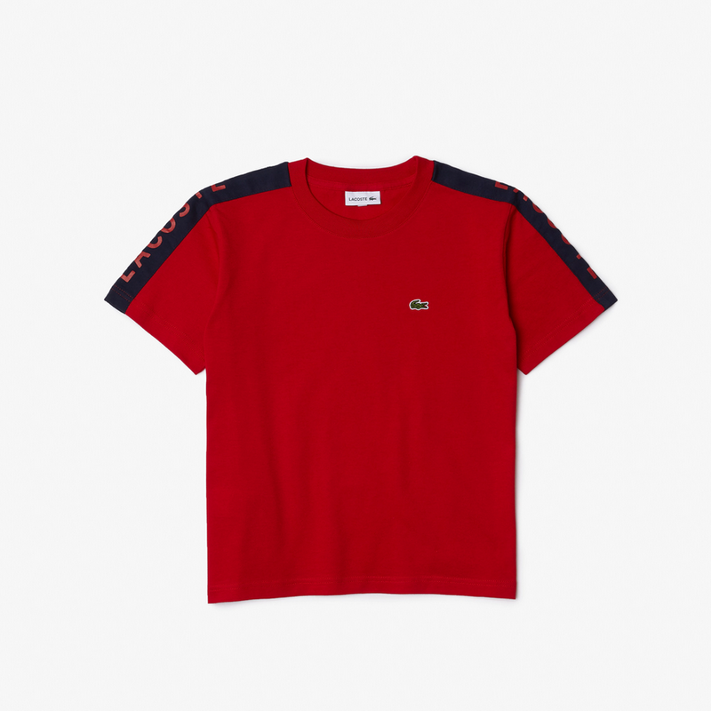 Lacoste Boys Crew Neck Side Lettered Bands Cotton T-shirt & Fleece Shorts Red / Navy Blue