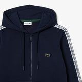 Lacoste Men’s Classic Fit Zipped Hoodie with Brand Stripes & Logo Stripe Track Pants Set - Navy Blue 166 men tracksuit by Lacoste | BLVD